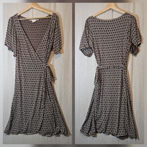 Max Studio True Wrap Dress Brown Cream Womens Large Flutter Sleeve Surplice